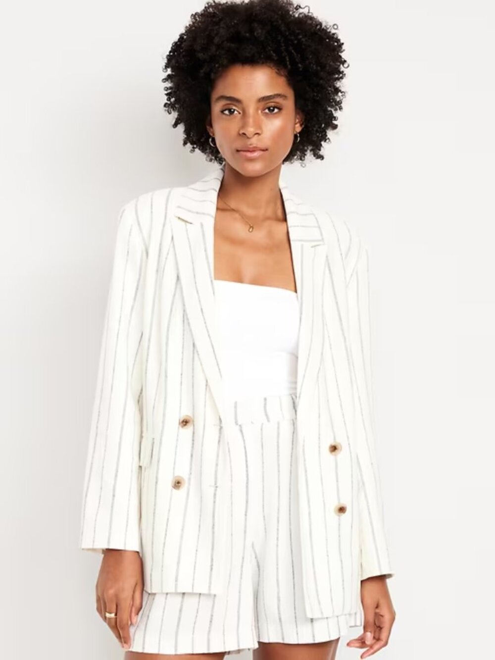 Old Navy Double-Breasted Linen-Blend Blazer, Navy Stripe, Size Small